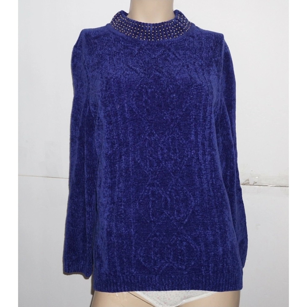 Alfred Dunner Purple Chenille Sweater Womens Large Studded Mock Neck Cable Knit